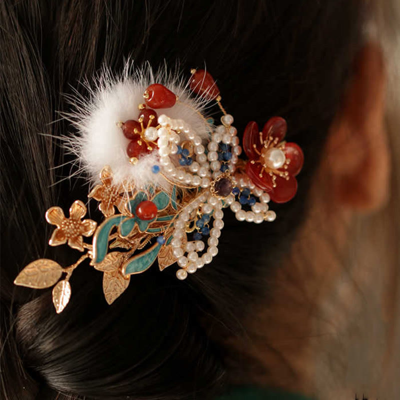 Pince à cheveux chinoise en perles et fleurs rouges | Épingles à cheveux chinoises