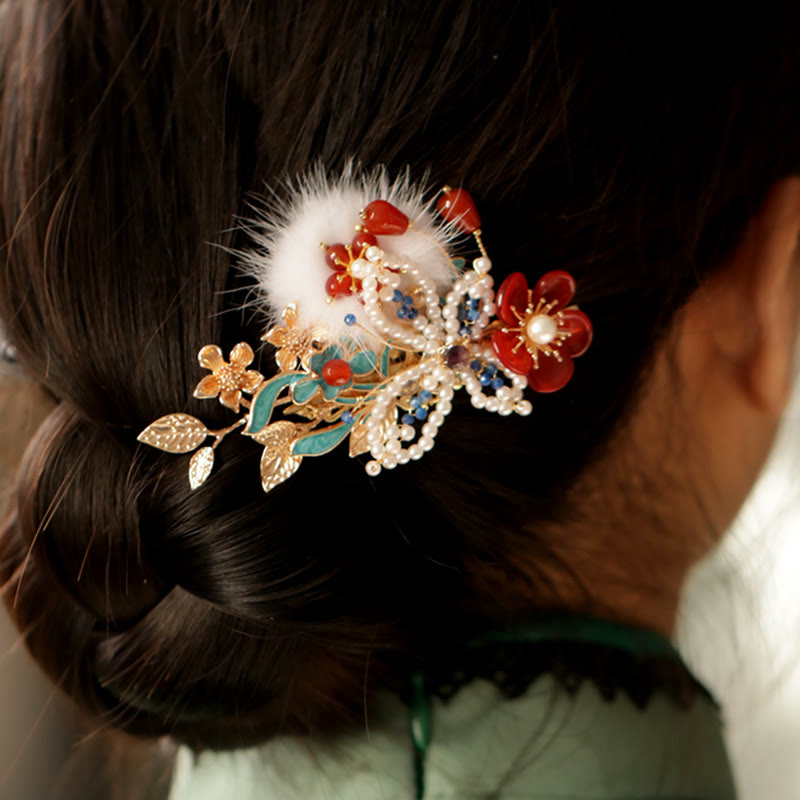 Pince à cheveux chinoise en perles et fleurs rouges | Épingles à cheveux chinoises