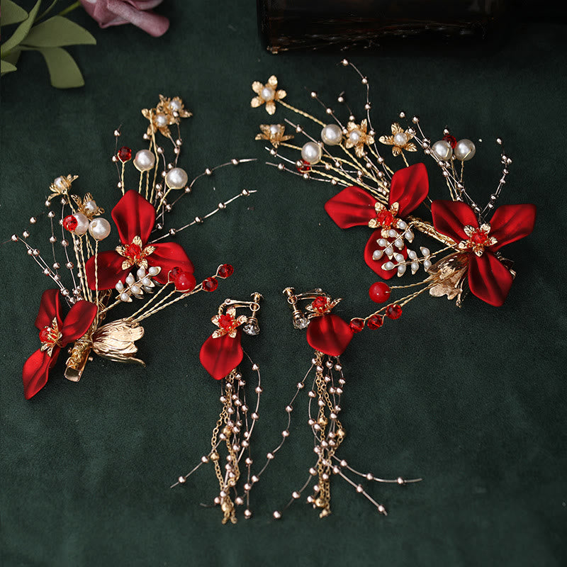 Pince à cheveux en perles et fleurs rouges | Épingle à cheveux de mariage chinoise