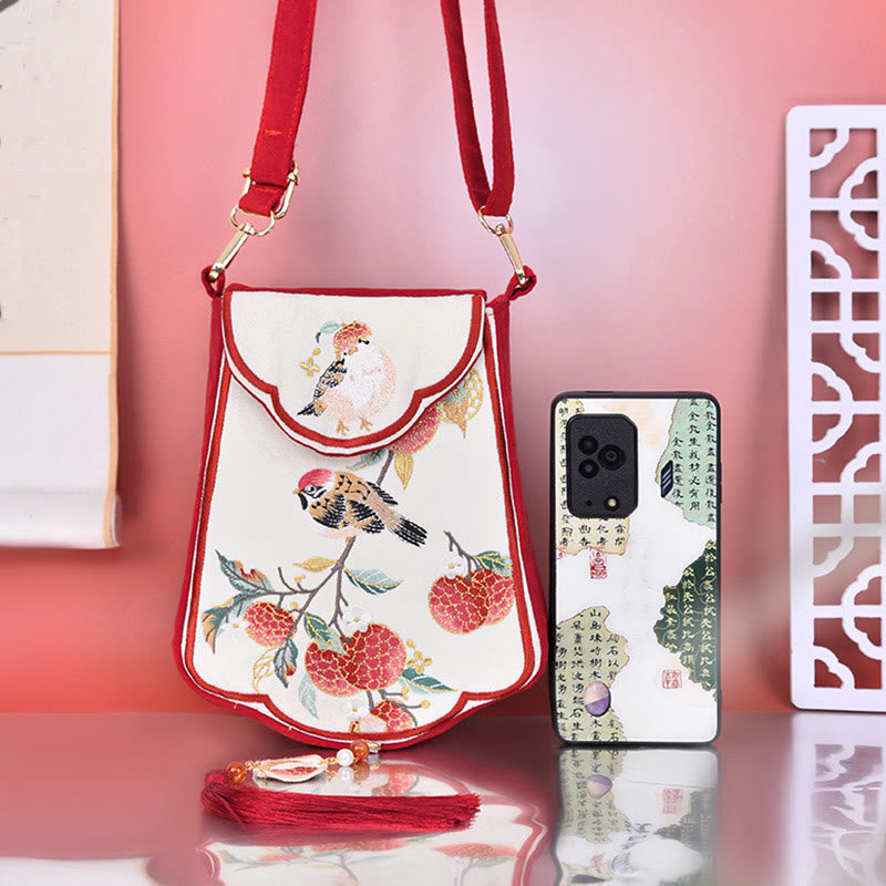 Sac bandoulière brodé Red Magpie Litchi avec pompons