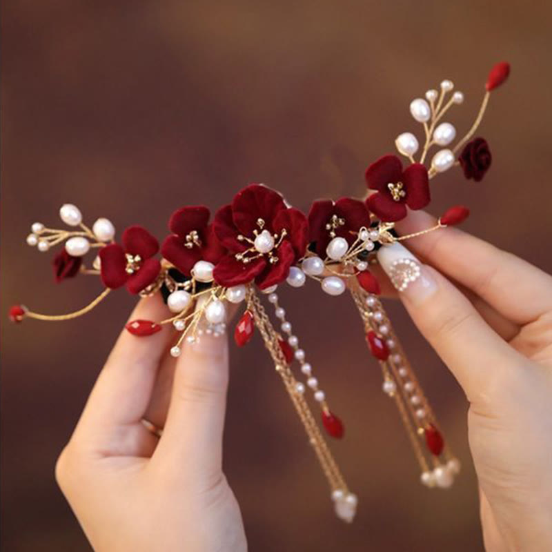 Pince à cheveux chinoise avec rose rouge et perles | Élégante épingle à cheveux de mariée