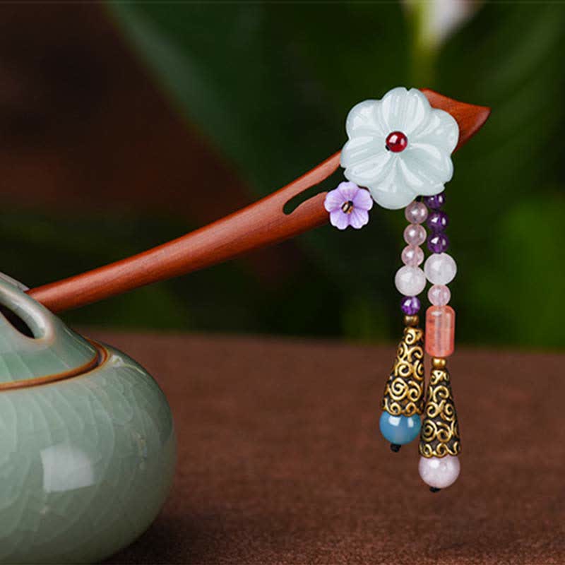 Épingle à cheveux de protection en bois de santal rouge, améthyste et aventurine, style chinois