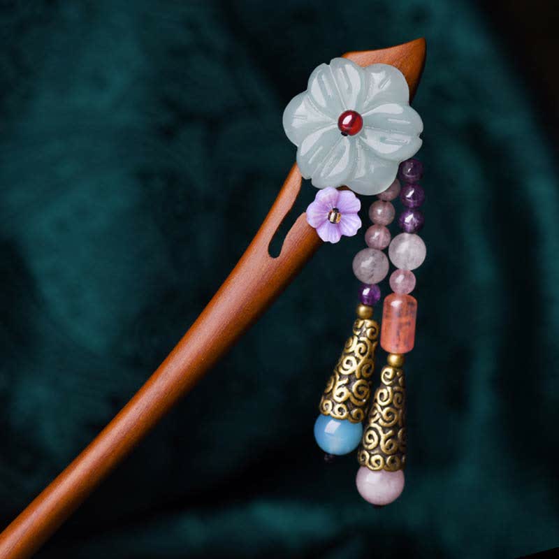 Épingle à cheveux de protection en bois de santal rouge, améthyste et aventurine, style chinois
