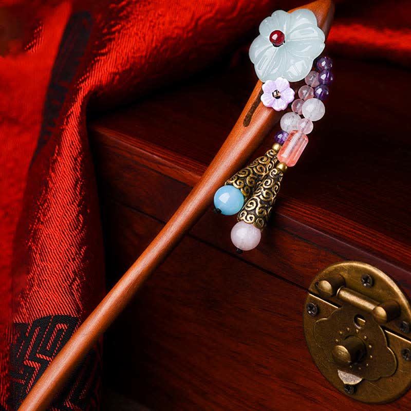 Épingle à cheveux de protection en bois de santal rouge, améthyste et aventurine, style chinois
