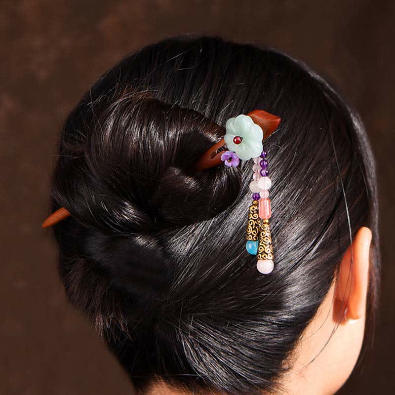 Épingle à cheveux de protection en bois de santal rouge, améthyste et aventurine, style chinois