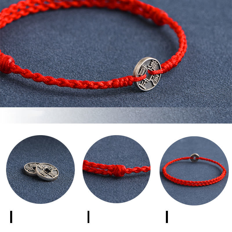 Bracelet de protection en argent 925 avec cinq pièces impériales et fil rouge