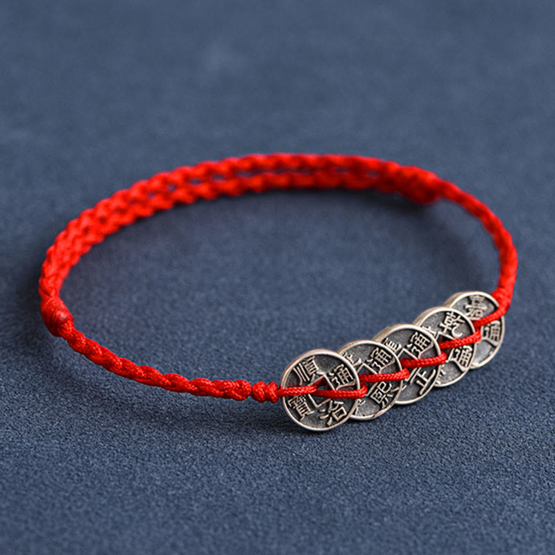 Bracelet de protection en argent 925 avec cinq pièces impériales et fil rouge