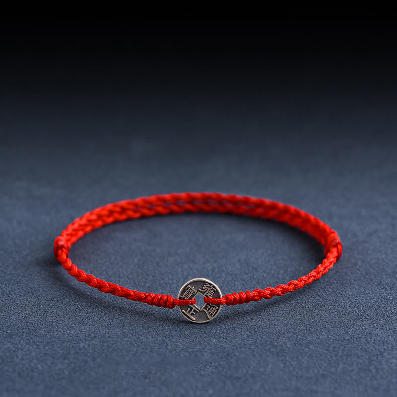 Bracelet de protection en argent 925 avec cinq pièces impériales et fil rouge