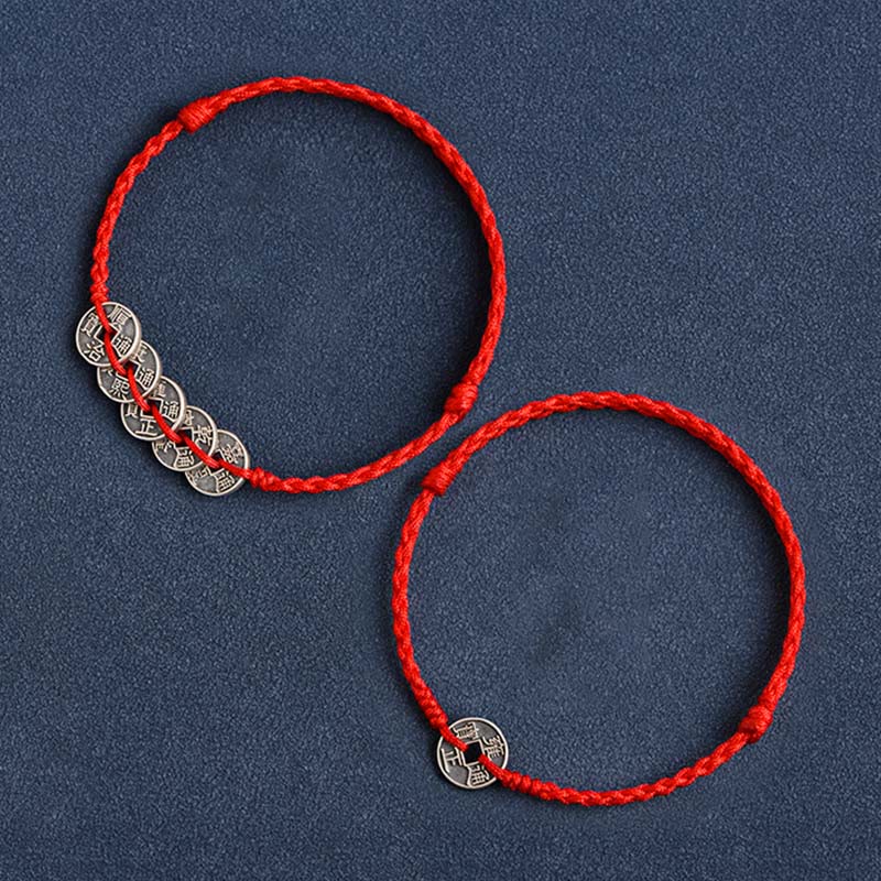 Bracelet de protection en argent 925 avec cinq pièces impériales et fil rouge