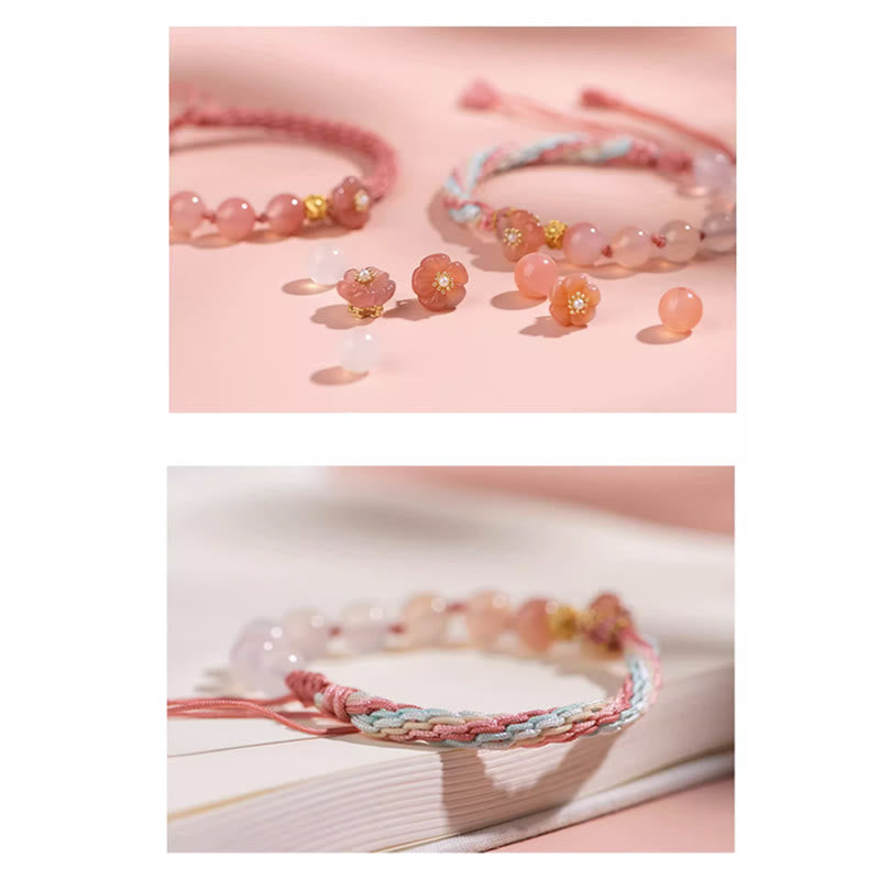 Bracelet en agate à nœud de réincarnation avec breloque en fleur de pêcher