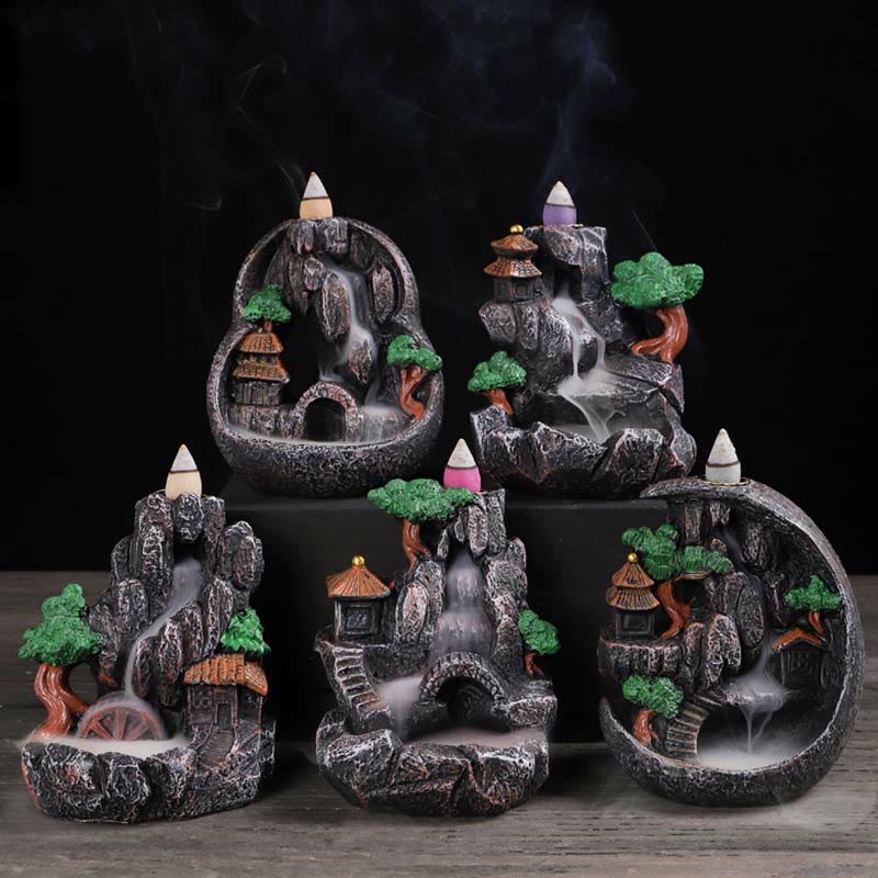 Brûle-encens Bouddha en résine avec motif de ponts de montagne