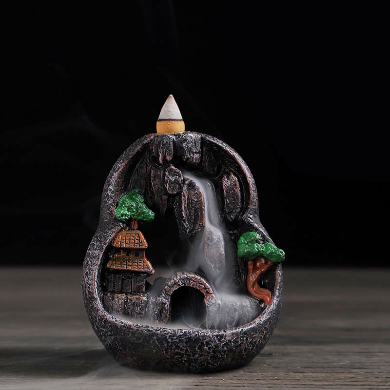 Brûle-encens Bouddha en résine avec motif de ponts de montagne