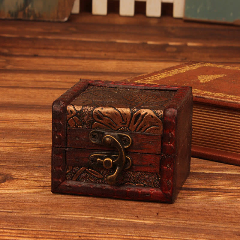 Petite boîte à bijoux carrée rétro en bois avec motif lotus