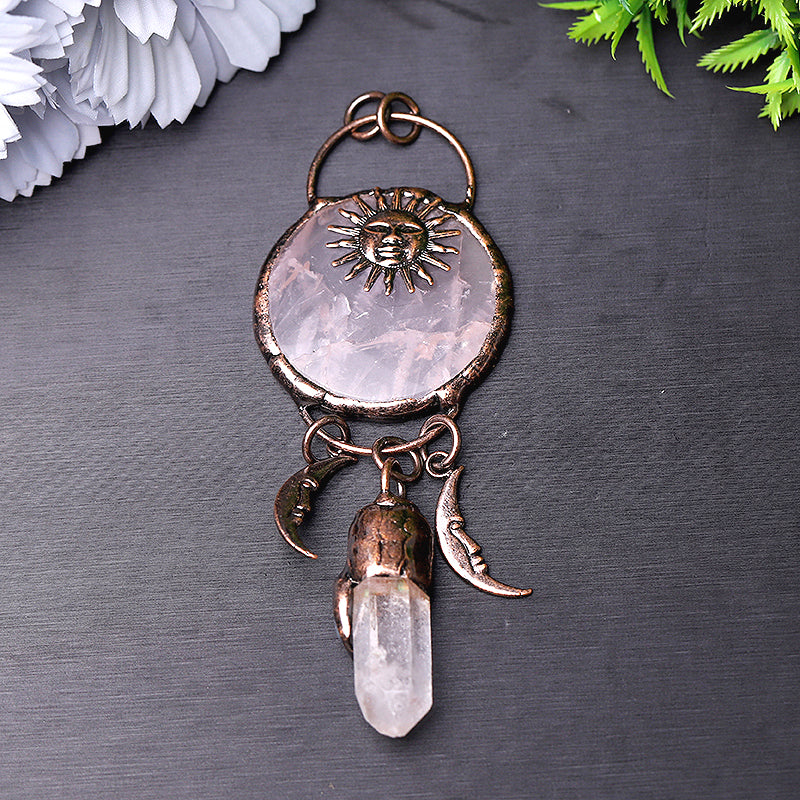 Pendentif en quartz rose et cyanite de quartz clair de 4 pouces