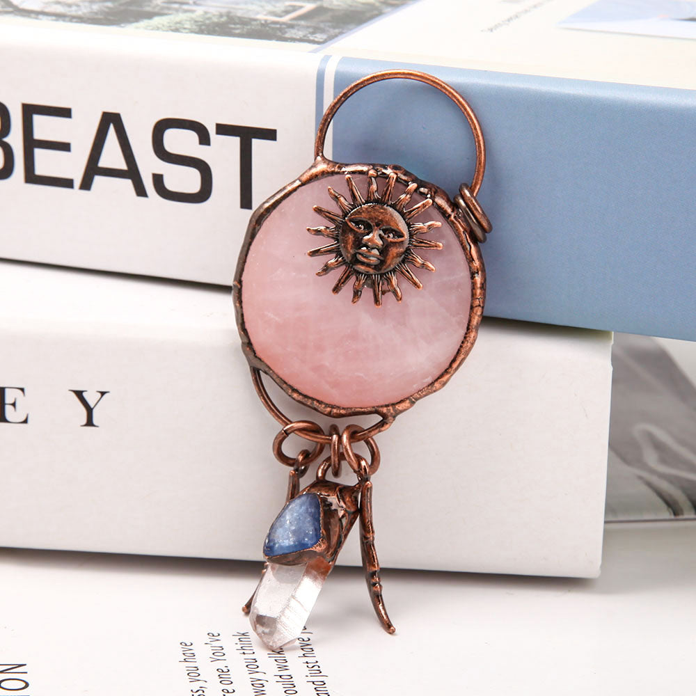 Pendentif en quartz rose et cyanite transparent de 10 cm