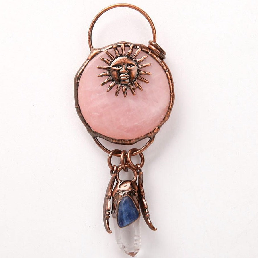 Pendentif en quartz rose et cyanite transparent de 10 cm