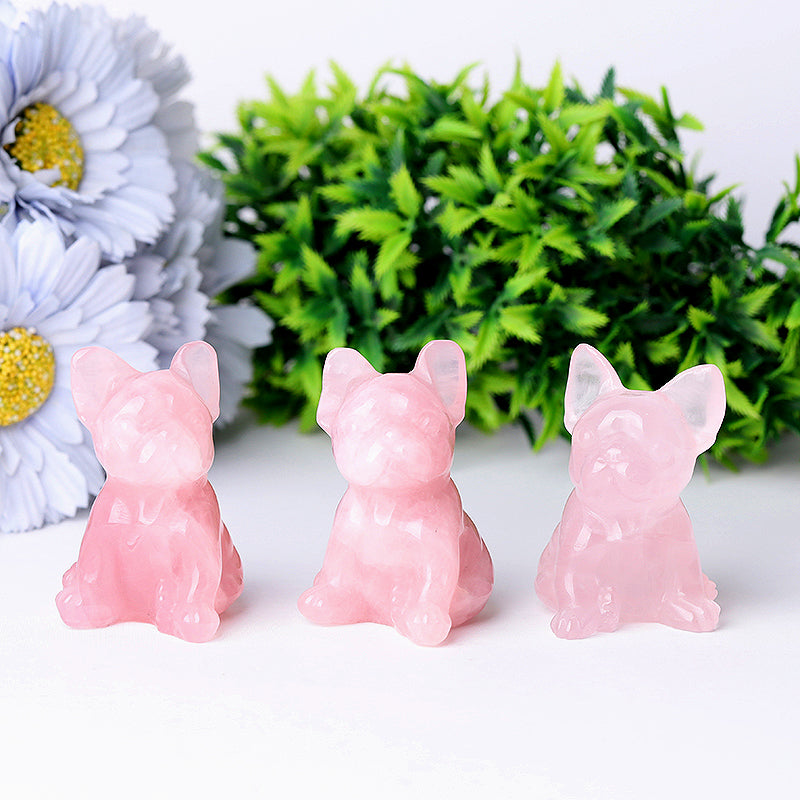 Figurine de chien sculptée en cristal de quartz rose de 6 cm