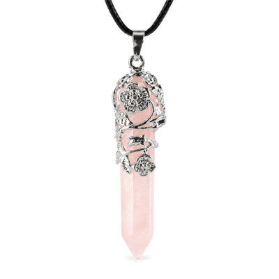 Flower Wrapped Rose Quartz Healing Crystal Pendant, Rose quartz, on a white background