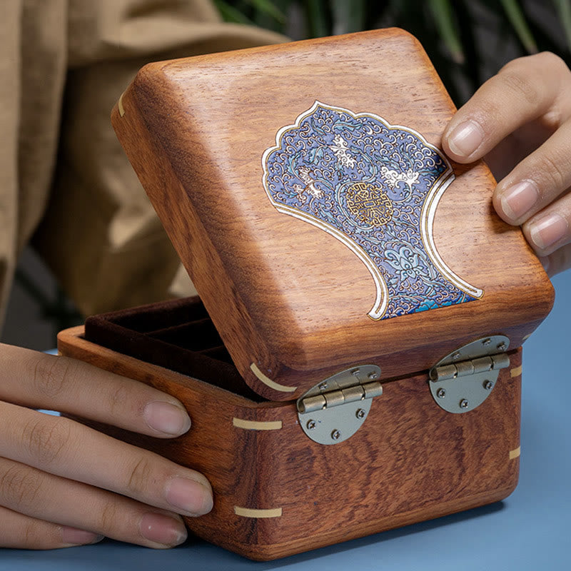 Coffret à bijoux en palissandre avec motif floral et feuilles antiques - Rangement fait main