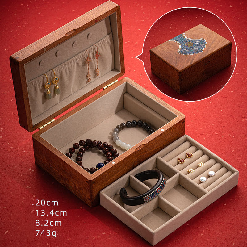 Coffret à bijoux en palissandre avec motif floral et feuilles antiques - Rangement fait main