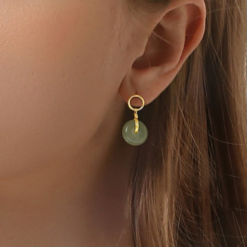 Boucles d'oreilles pendantes rondes en jade avec boucle de paix pour la prospérité