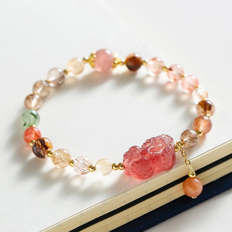 Bracelet de richesse Pixiu en quartz rutile et quartz fraise