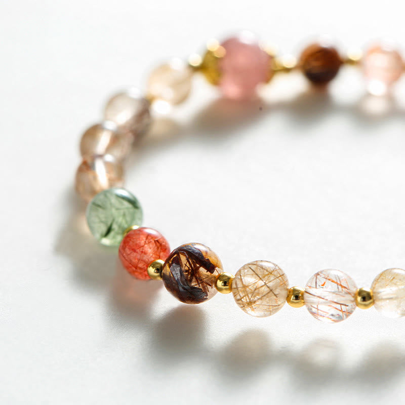 Bracelet de richesse Pixiu en quartz rutile et quartz fraise