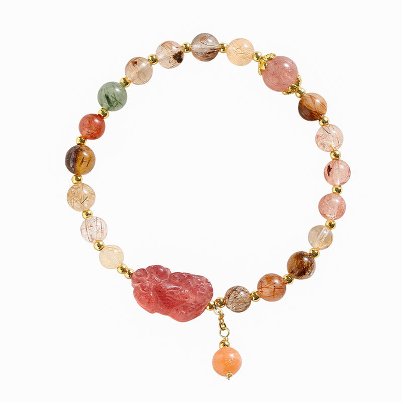 Bracelet de richesse Pixiu en quartz rutile et quartz fraise