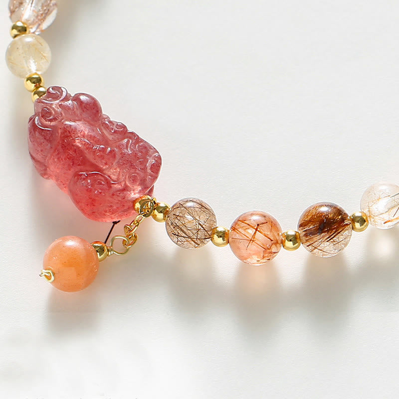 Bracelet de richesse Pixiu en quartz rutile et quartz fraise