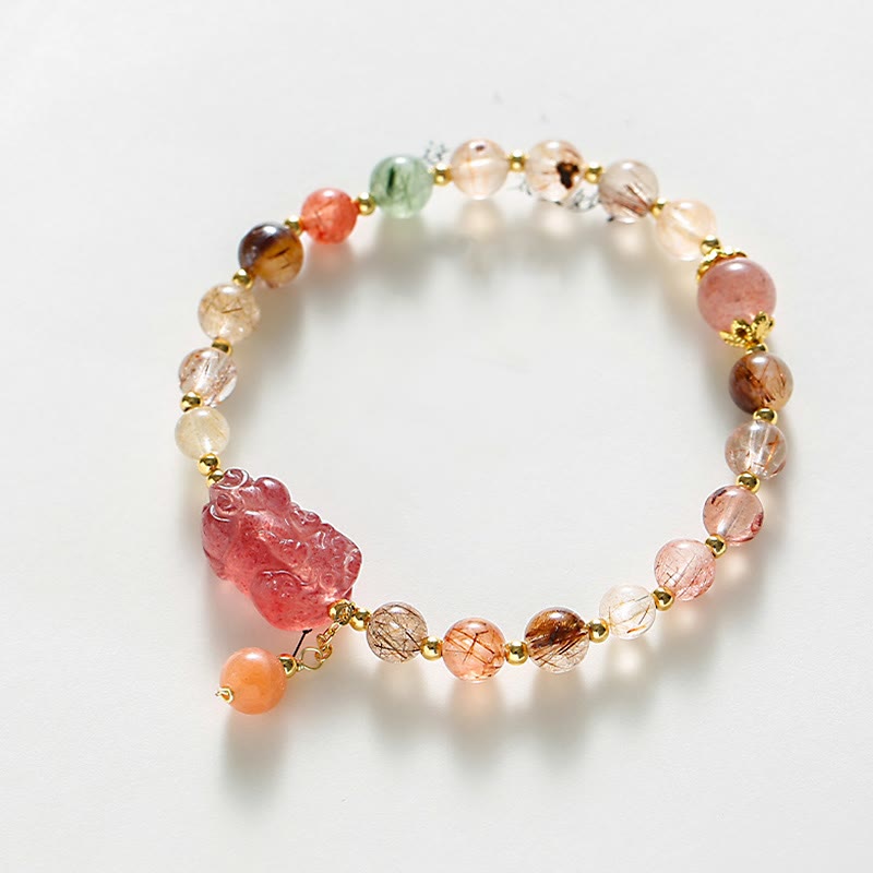 Bracelet de richesse Pixiu en quartz rutile et quartz fraise