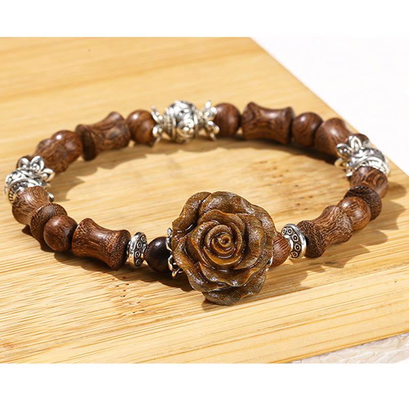 Bracelet de guérison en bois de santal, bambou et camélia, poignet de 14 à 16 cm