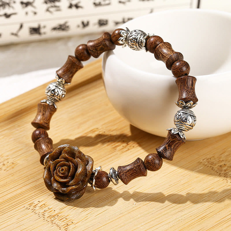 Bracelet de guérison en bois de santal, bambou et camélia, poignet de 14 à 16 cm