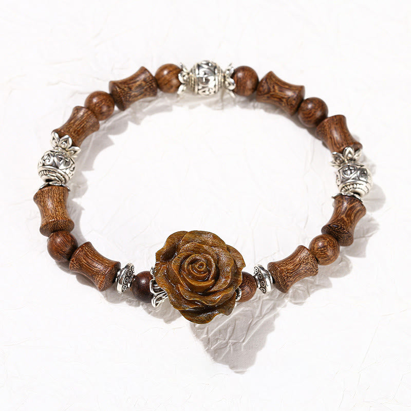 Bracelet de guérison en bois de santal, bambou et camélia, poignet de 14 à 16 cm