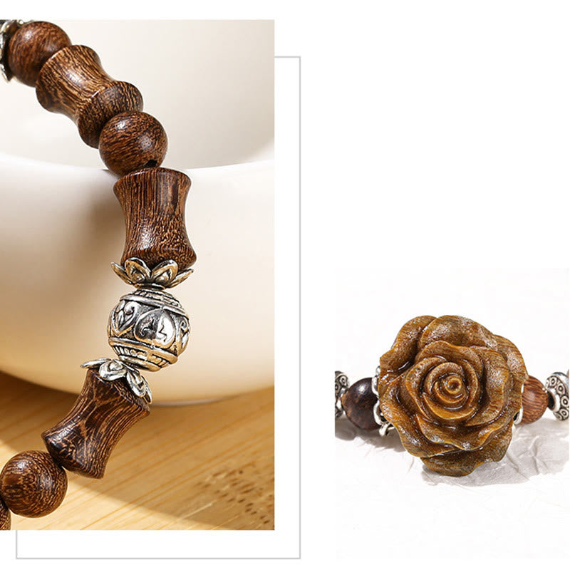Bracelet de guérison en bois de santal, bambou et camélia, poignet de 14 à 16 cm