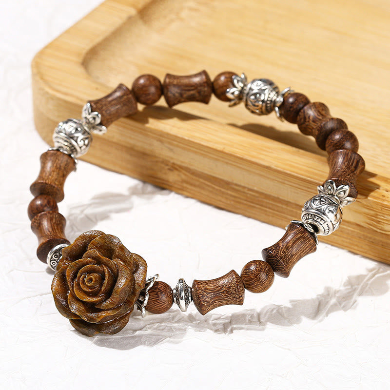 Bracelet de guérison en bois de santal, bambou et camélia, poignet de 14 à 16 cm