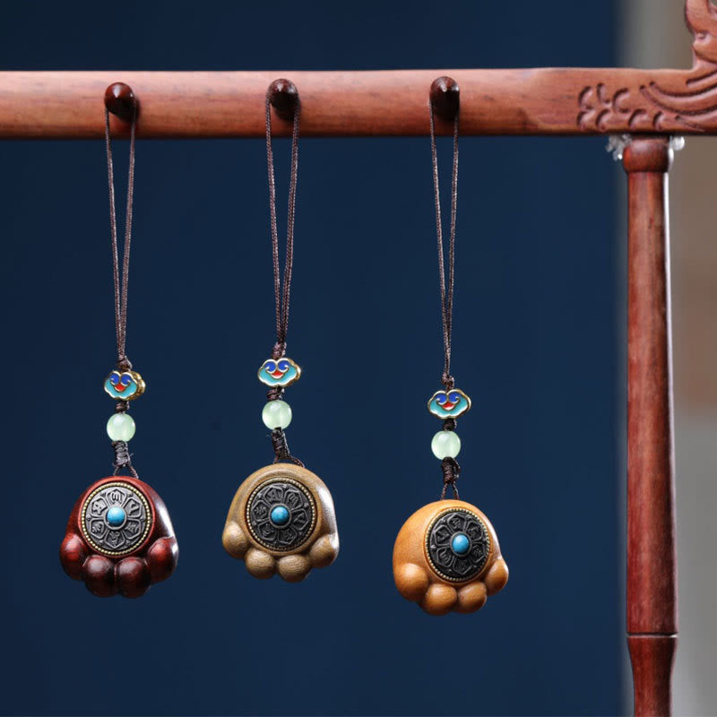 Pendentif de protection en bois de santal pour téléphone avec breloque en forme de patte de chat porte-bonheur