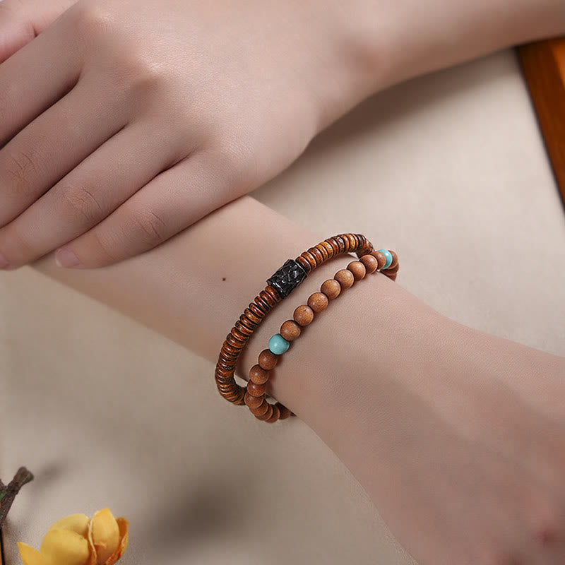Bracelet de protection double tour en bois de santal turquoise 6 mm