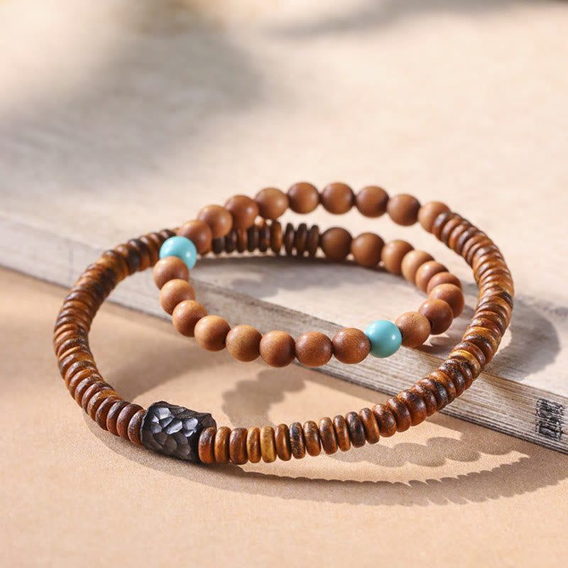 Bracelet de protection double tour en bois de santal turquoise 6 mm