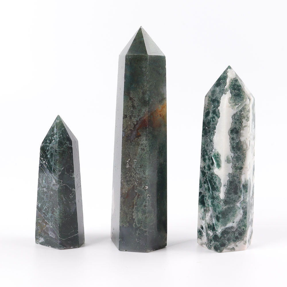 Set of 3 Moss Agate Crystal Towers for Healing & Energy
