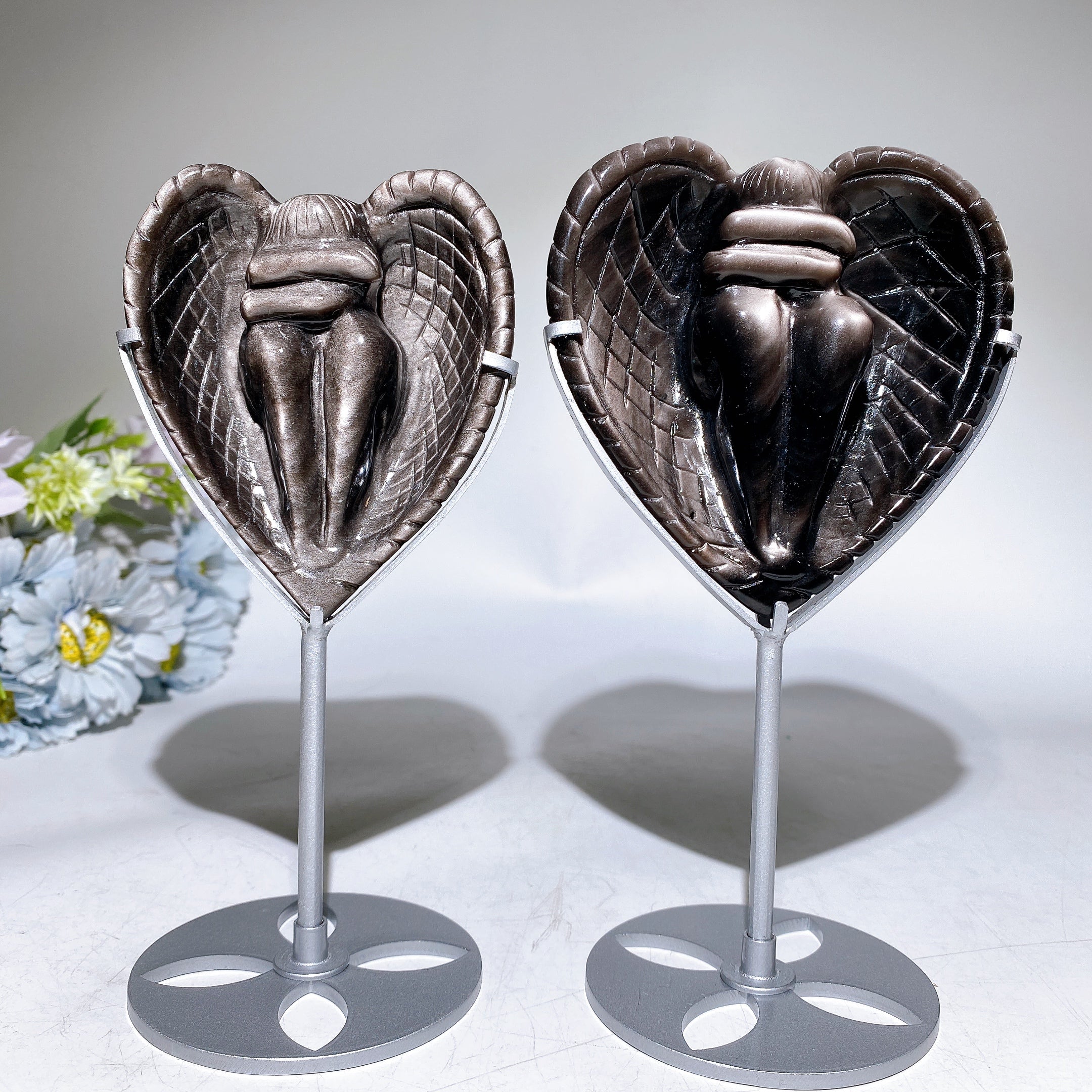 Silver Obsidian Heart Angel Carving with Stand Healing Energy