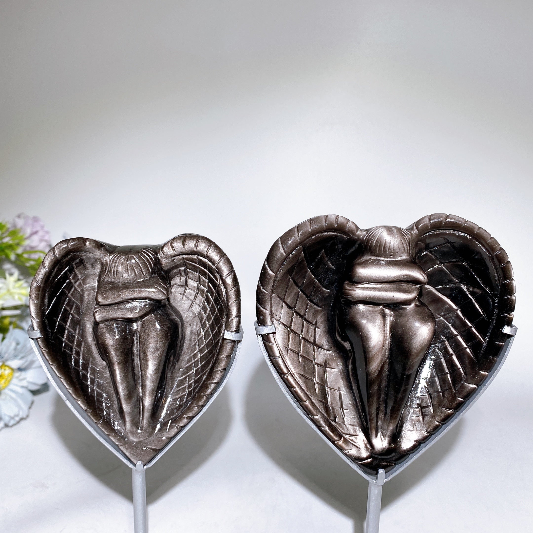 Silver Obsidian Heart Angel Carving with Stand Healing Energy