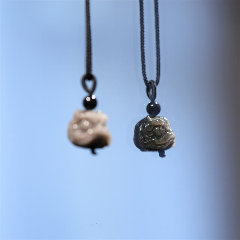 Collier unisexe en obsidienne argentée brillante avec protection du lion dansant