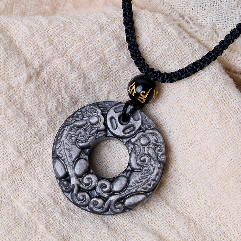 Collier pendentif double protection PiXiu en obsidienne argentée
