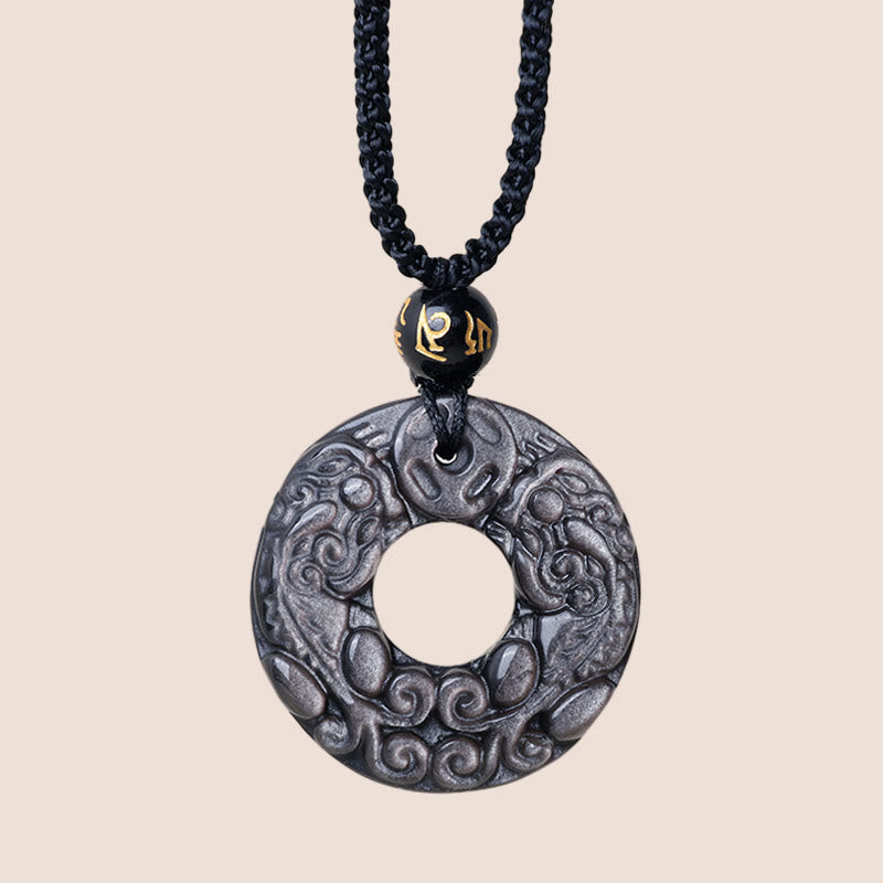 Collier pendentif double protection PiXiu en obsidienne argentée