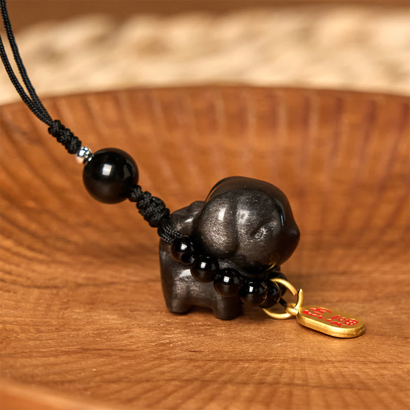 Collier de protection du personnage Fu en obsidienne argentée