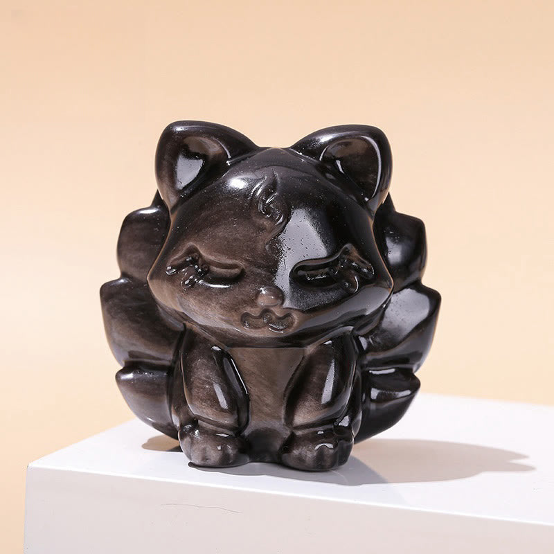 Figurine de renard à neuf queues en obsidienne argentée brillante 7 cm Protection
