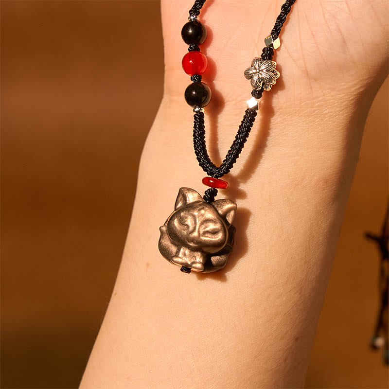 Collier de protection en obsidienne argentée à neuf queues