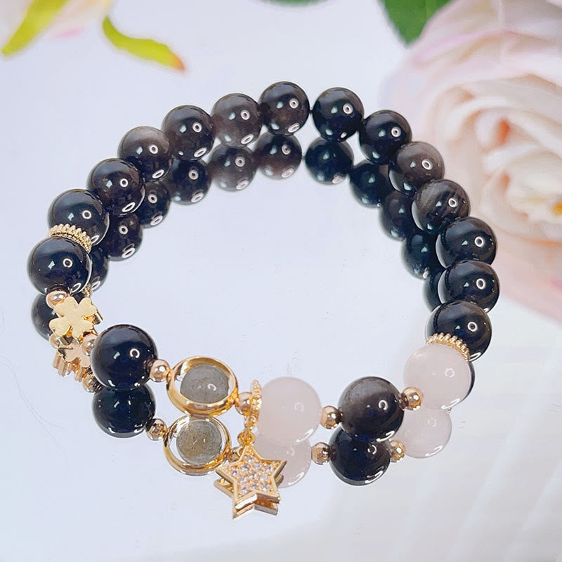 Bracelet de protection en obsidienne argentée avec breloque cœur d'amour