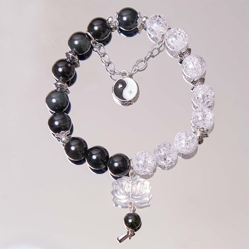 Bracelet de protection en obsidienne argentée avec breloque lotus Yin Yang