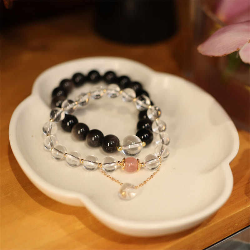 Bracelet de protection Yin Yang en obsidienne argentée